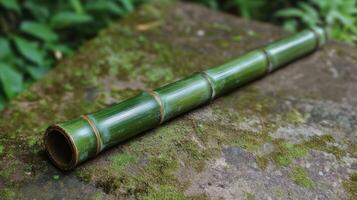Bamboo flute resting on a mossy stone in a serene forest setting under soft natural light photo