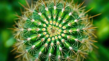 Close view of a beautiful green cactus displaying its intricate pattern and vibrant colors in a natural setting photo