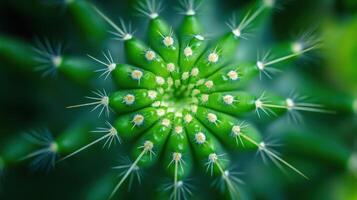 Close-up view of a vibrant green cactus showcasing intricate patterns and details in natural surroundings photo