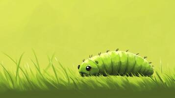 Colorful green caterpillar moving through lush grass under a bright yellow background in a serene environment photo