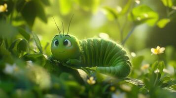 Cute green caterpillar enjoying a sunny afternoon among vibrant flowers in a lush garden photo