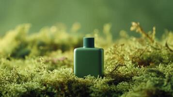 Green bottle placed on vibrant moss in a serene forest setting during daylight photo