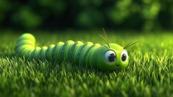 Cute green caterpillar exploring a lush garden with vibrant grass and soft sunlight in the background photo