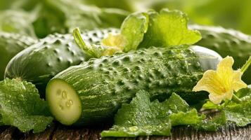 Freshly harvested cucumbers resting on wooden surface surrounded by green leaves and flowers photo