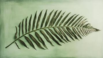 Large green fern leaf placed on a light green background showcasing its intricate structure and texture photo