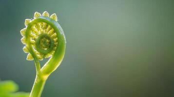Unique and intricate green fern frond emerging in a serene natural setting during the early morning light photo