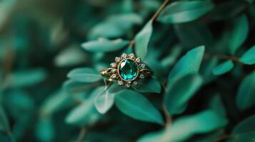 Beautiful emerald ring surrounded by lush green leaves in a serene natural setting photo
