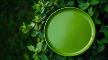 Bright green plate surrounded by lush green leaves in a natural setting during daylight photo