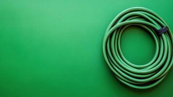 Green garden hose neatly coiled on a smooth green surface, ideal for watering plants and maintaining a vibrant garden photo
