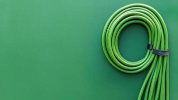 Green garden hose neatly coiled on a solid color background perfect for gardening projects and outdoor maintenance tasks photo