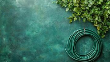 Green garden hose and fresh leaves on a textured surface create a calming natural vibe for outdoor spaces photo