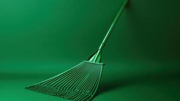 Green garden rake resting against a smooth green background displays its long tines and sturdy handle for gardening enthusiasts photo