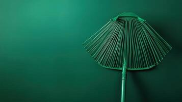 Green garden rake against a dark background with a smooth surface reflecting light from above photo