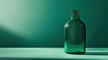 A green glass bottle sitting on a table photo