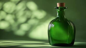 Green glass bottle with cork and soft lighting highlighting its contours and shapes on a green surface photo