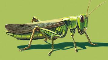 Detailed depiction of a green grasshopper on a vibrant background showcasing its unique features and structure photo
