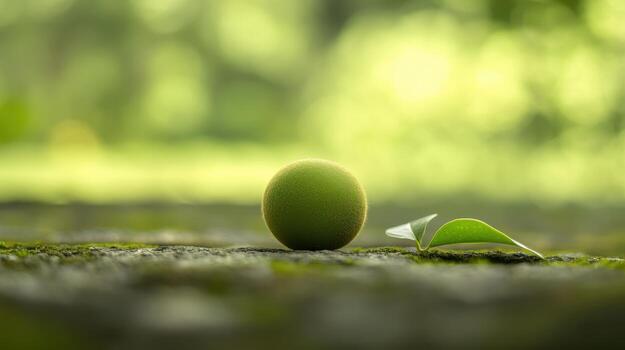 Round green fruit resting on a stone surface beside a small green leaf in a tranquil natural setting photo