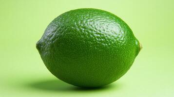 Fresh green lime placed on a vibrant green background showcasing its textured surface and round shape photo