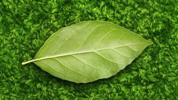 Fresh green bay leaf resting on vibrant artificial grass background under natural light in a peaceful setting photo
