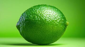 Fresh green lime resting on a vibrant surface with soft lighting, showcasing its texture and color perfectly photo