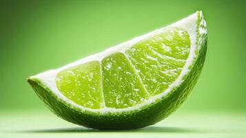 Freshly sliced lime wedge on vibrant green background with water droplets highlighting texture photo