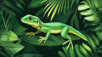 Vibrant green lizard resting among lush tropical plants in a dense rainforest habitat photo