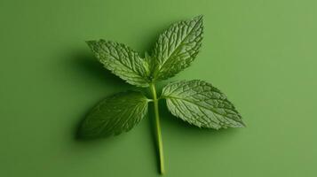Fresh green mint leaves placed on a vibrant green background showcasing their detailed texture and rich color photo