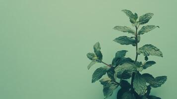 Fresh mint plant thriving against a soft green backdrop creating a calming atmosphere indoors photo
