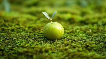 Green apple sprouting from moss in a vibrant forest environment, showcasing new life during springtime photo