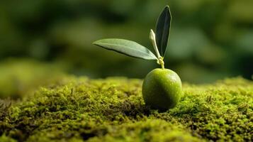 Olive fruit grows on mossy ground with fresh green leaves in a serene natural setting photo