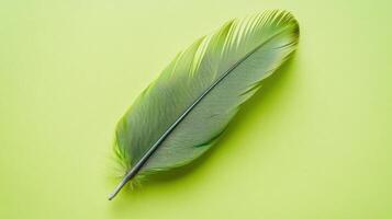 Vibrant green feather resting on a light green background creates a calming effect in a nature-inspired setting photo
