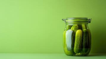 Freshly pickled cucumbers in a glass jar against a vibrant green background photo
