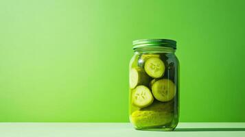Freshly made pickles in a jar against a vibrant green background showcasing their crisp exterior and appetizing color photo