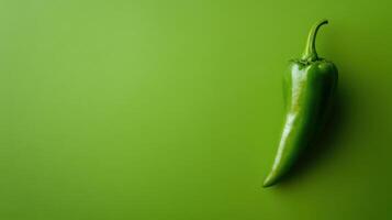 Vibrant green chili pepper resting against a vivid green background photo