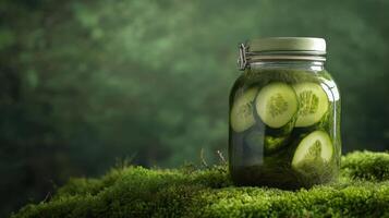 Fresh cucumbers in a jar resting on vibrant green moss in a serene natural setting at dusk photo