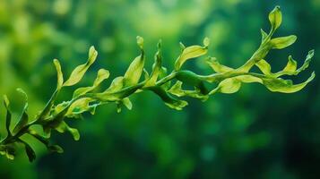 Delicate green underwater plant sways gently in a serene aquatic environment with soft light filtering through water photo