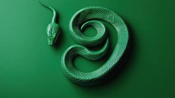 Green snake on a smooth green background showcasing its graceful curve and texture in a minimalist setting photo
