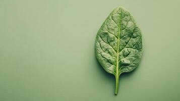 Fresh spinach leaf resting on a smooth green surface highlighting its texture and natural color variations photo