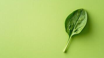 Fresh spinach leaf displayed on a light green background highlighting its texture and color photo