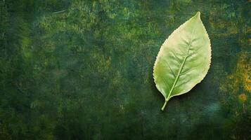 Close-up of a fresh green leaf resting on a textured dark green background highlighting natural beauty and simplicity photo