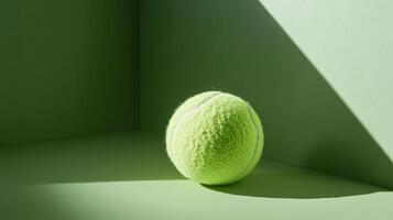 Bright green tennis ball resting in a minimalist corner with dramatic shadow play during daylight photo