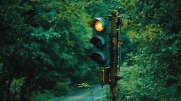 Traffic light indicating caution on a quiet road surrounded by lush greenery photo