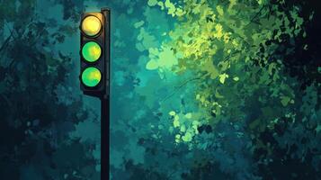 Traffic light signals green in a lush forest during early morning hours with soft sunlight filtering through the trees photo
