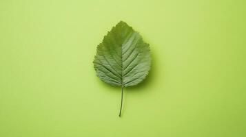 Close-up of a single green leaf on a vibrant green background showcasing detailed textures and natural beauty photo
