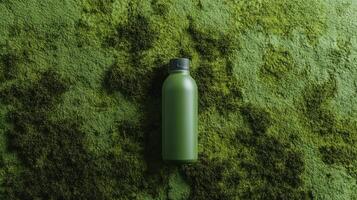 Green bottle on textured moss background highlights nature's colors and simplicity in a serene setting photo
