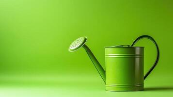 Bright green watering can on vibrant green background for gardening enthusiasts photo