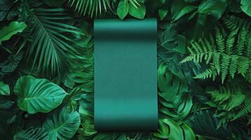Yoga mat lays on lush green leaves in a tranquil nature setting, inviting meditation and relaxation practices photo