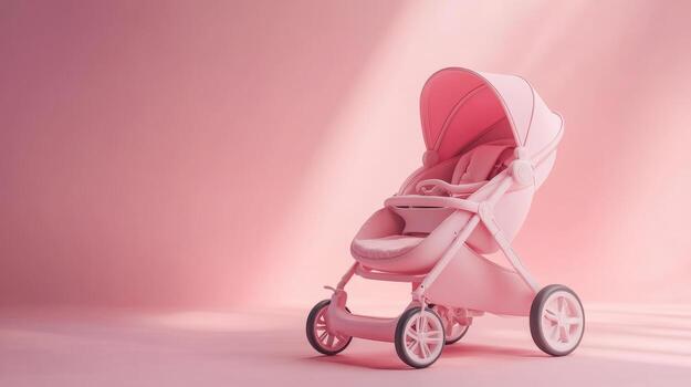 A pink stroller in front of a pink background photo