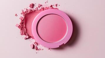 Soft pink blush powder with scattered residue on a light background captures the essence of beauty products for makeup enthusiasts photo