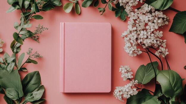 Pink notebook surrounded by flowers on a pink background photo